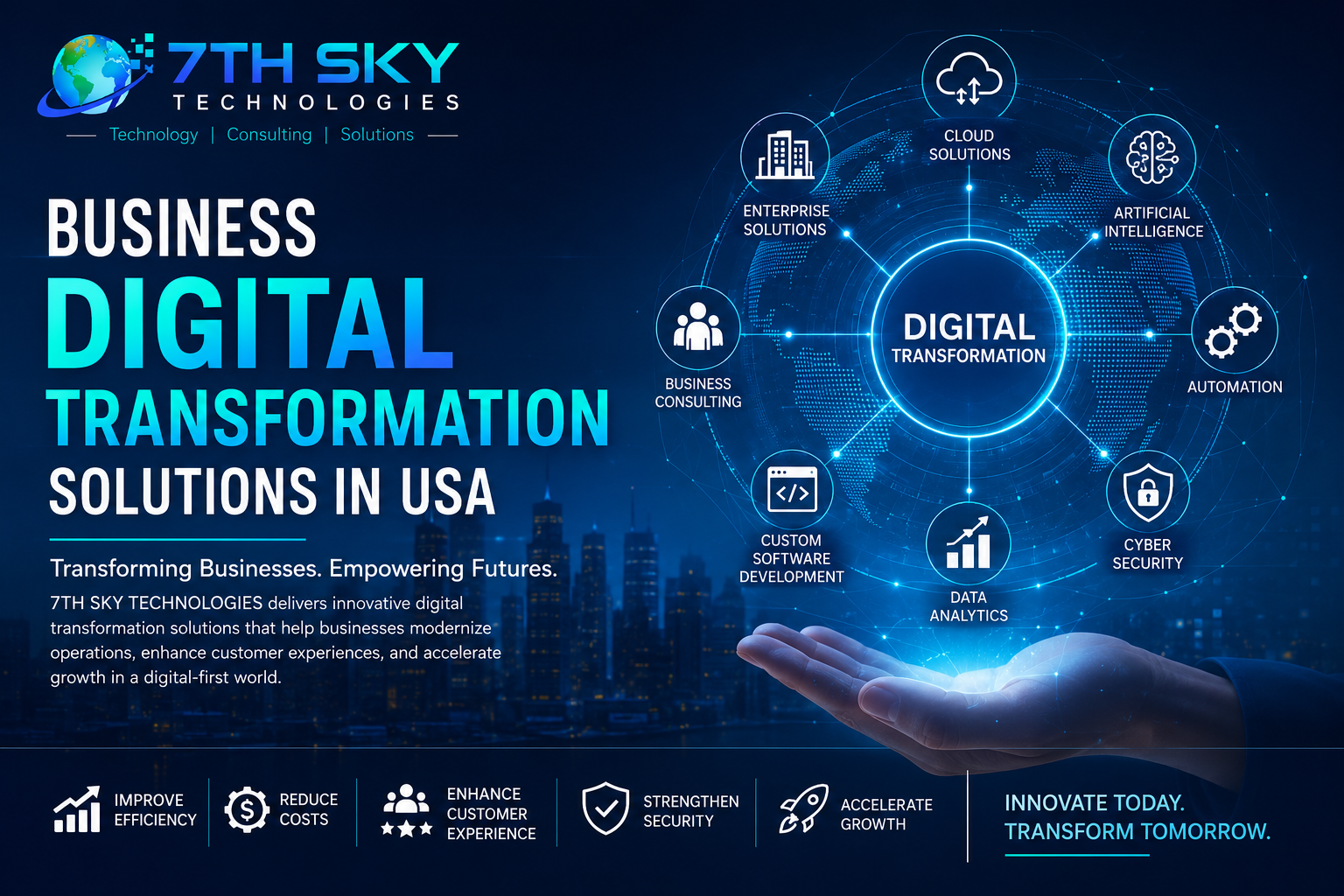 Business Digital Transformation Solutions in USA helping organizations modernize operations through cloud computing, AI, automation, software development, and digital consulting by 7TH SKY TECHNOLOGIES.