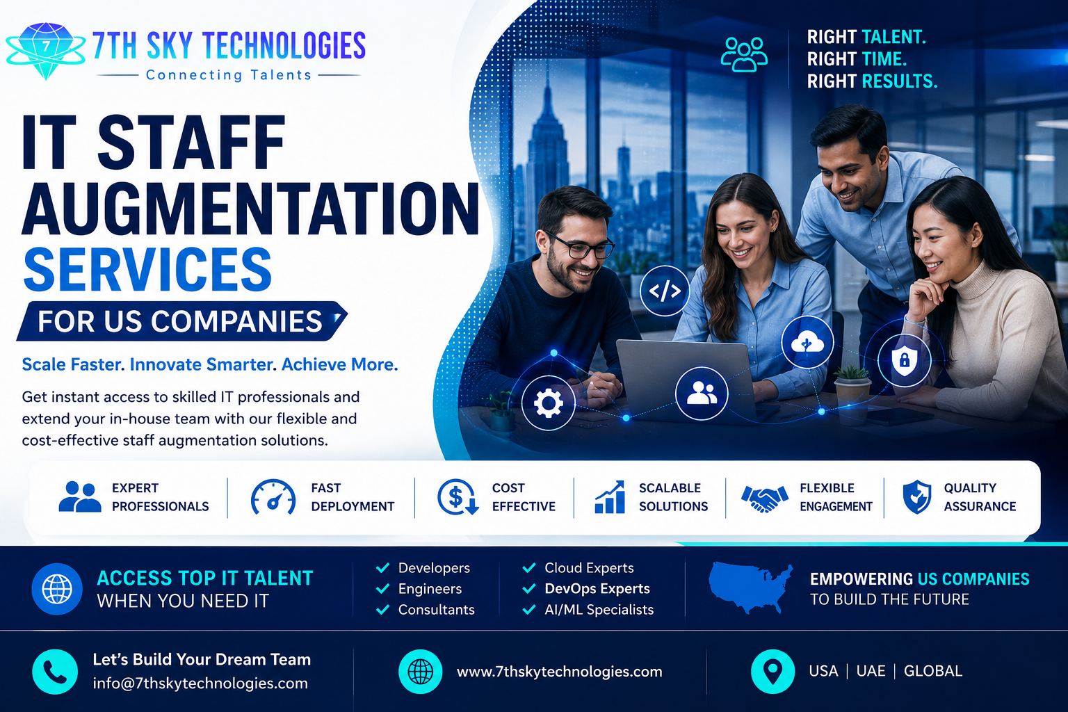 Professional IT Staff Augmentation Services for US Companies by 7TH SKY Technologies providing software developers, cloud engineers, AI experts, DevOps professionals, and IT consultants.