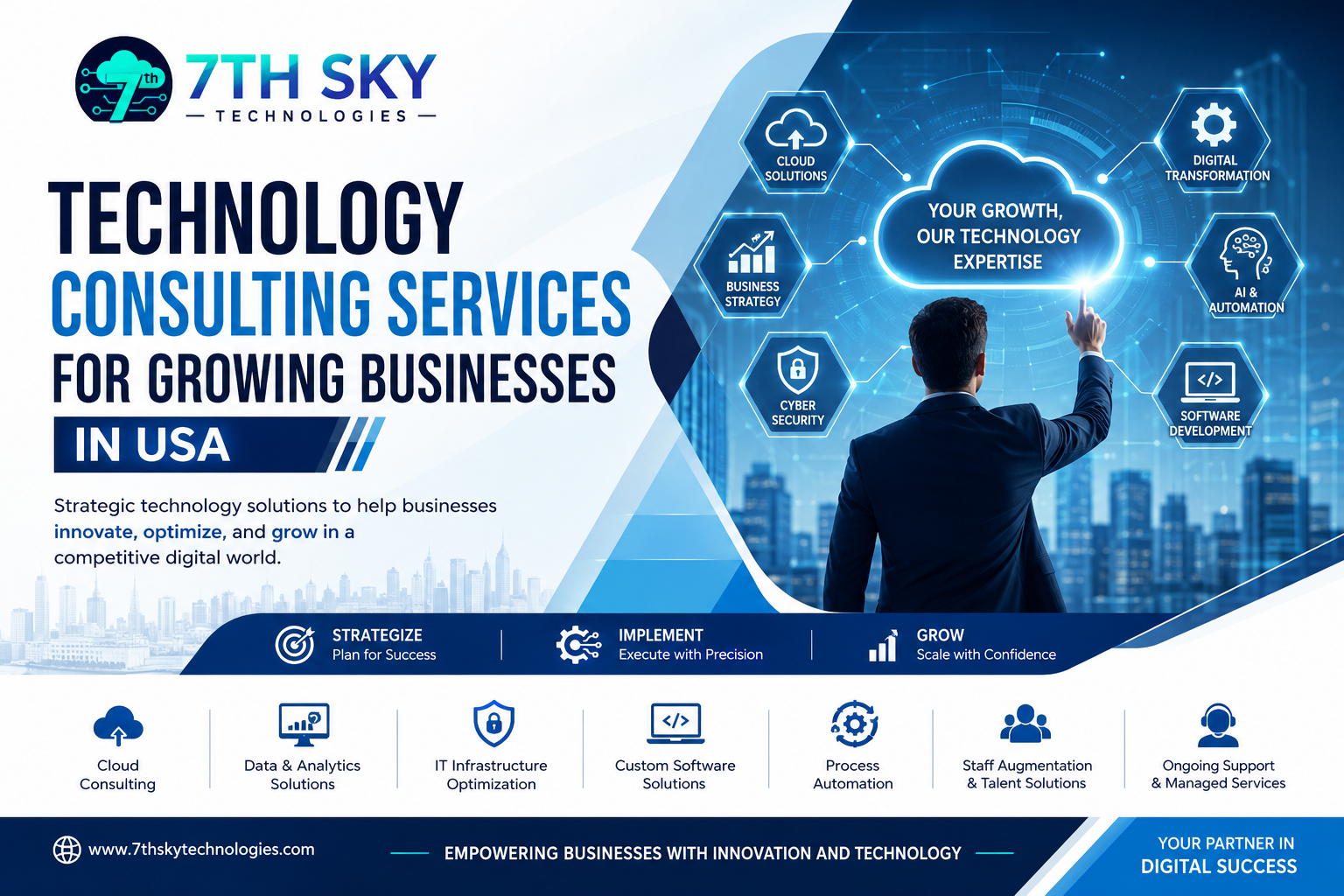 Technology Consulting Services for Growing Businesses in USA by 7TH SKY Technologies featuring digital transformation, cloud solutions, cybersecurity, AI, automation, and enterprise software consulting.