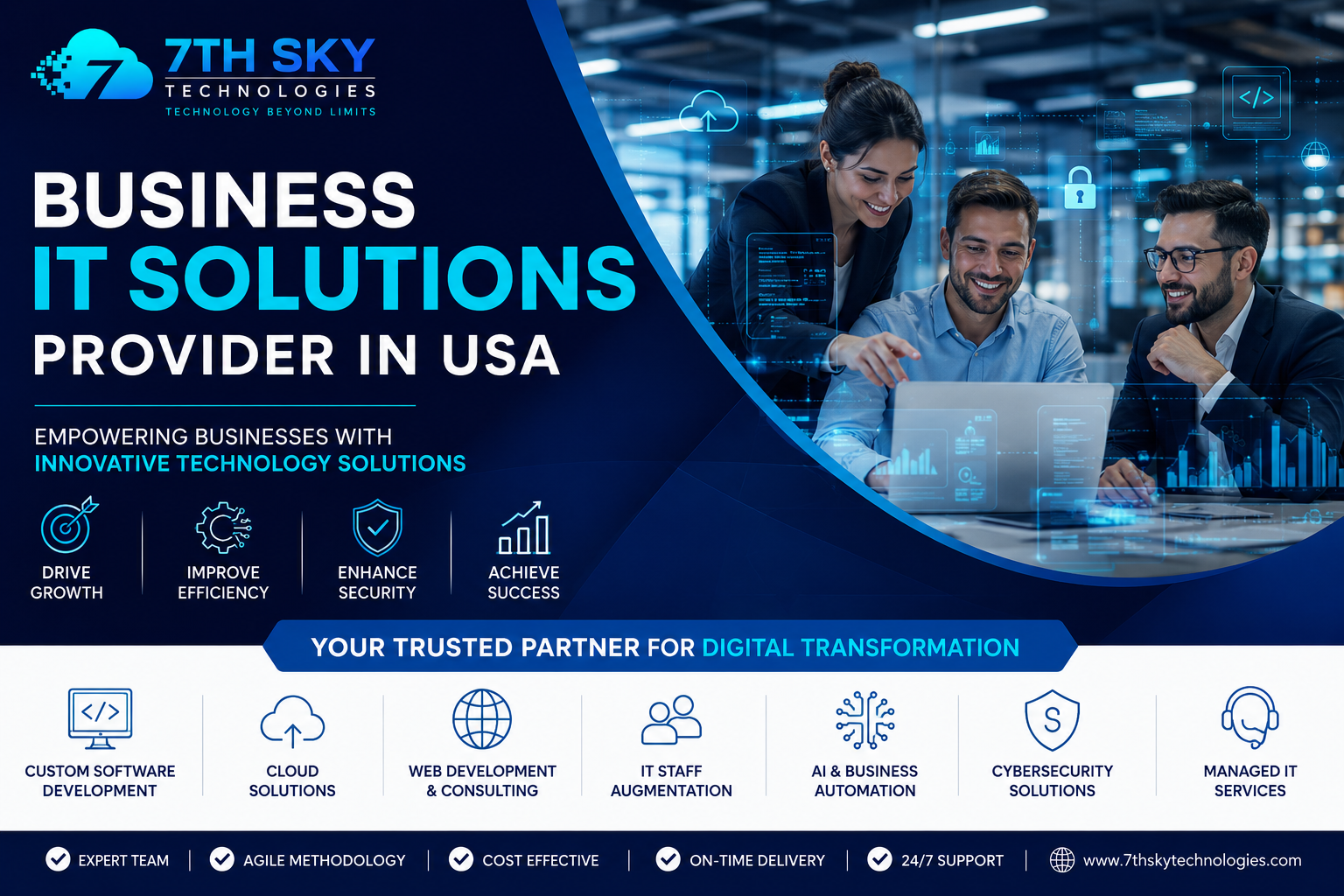 Business IT Solutions Provider in USA offering custom software development, IT consulting, cloud solutions, web development, AI integration, digital transformation, and staff augmentation services by 7th Sky Technologies.