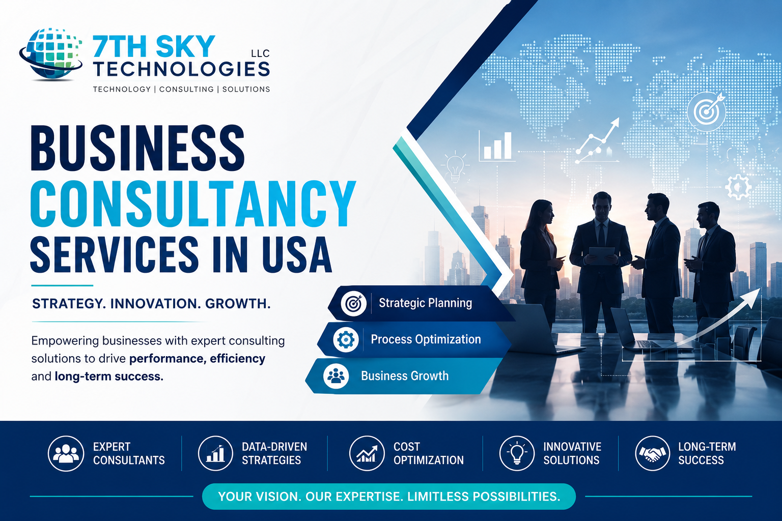 Business Consultancy Services in USA by 7th Sky Technologies helping organizations with strategy, digital transformation, technology consulting, and business growth.