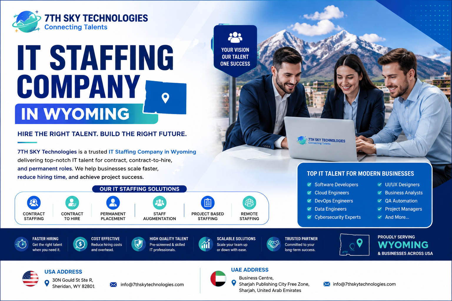 IT Staffing Company in Wyoming providing IT recruitment, contract staffing, permanent hiring, staff augmentation, software developers, cloud engineers, and technology workforce solutions.