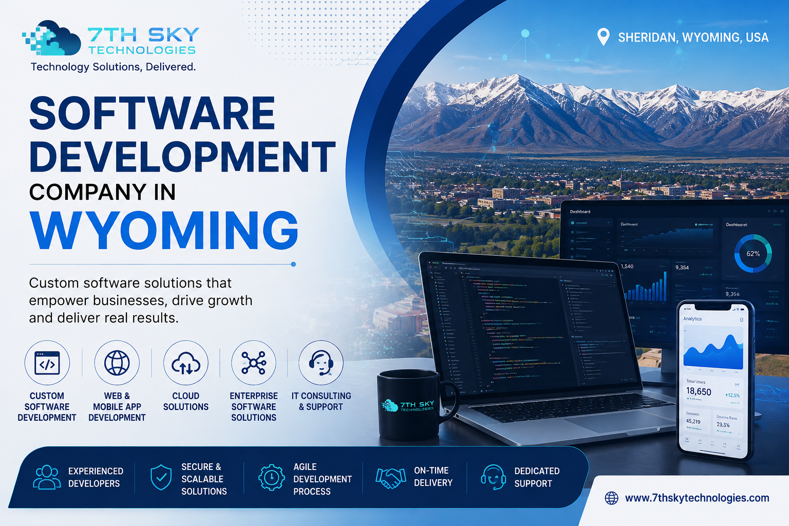 Software Development Company in Wyoming providing custom software development, enterprise applications, cloud solutions, web development, mobile app development, and digital transformation services by 7th Sky Technologies.