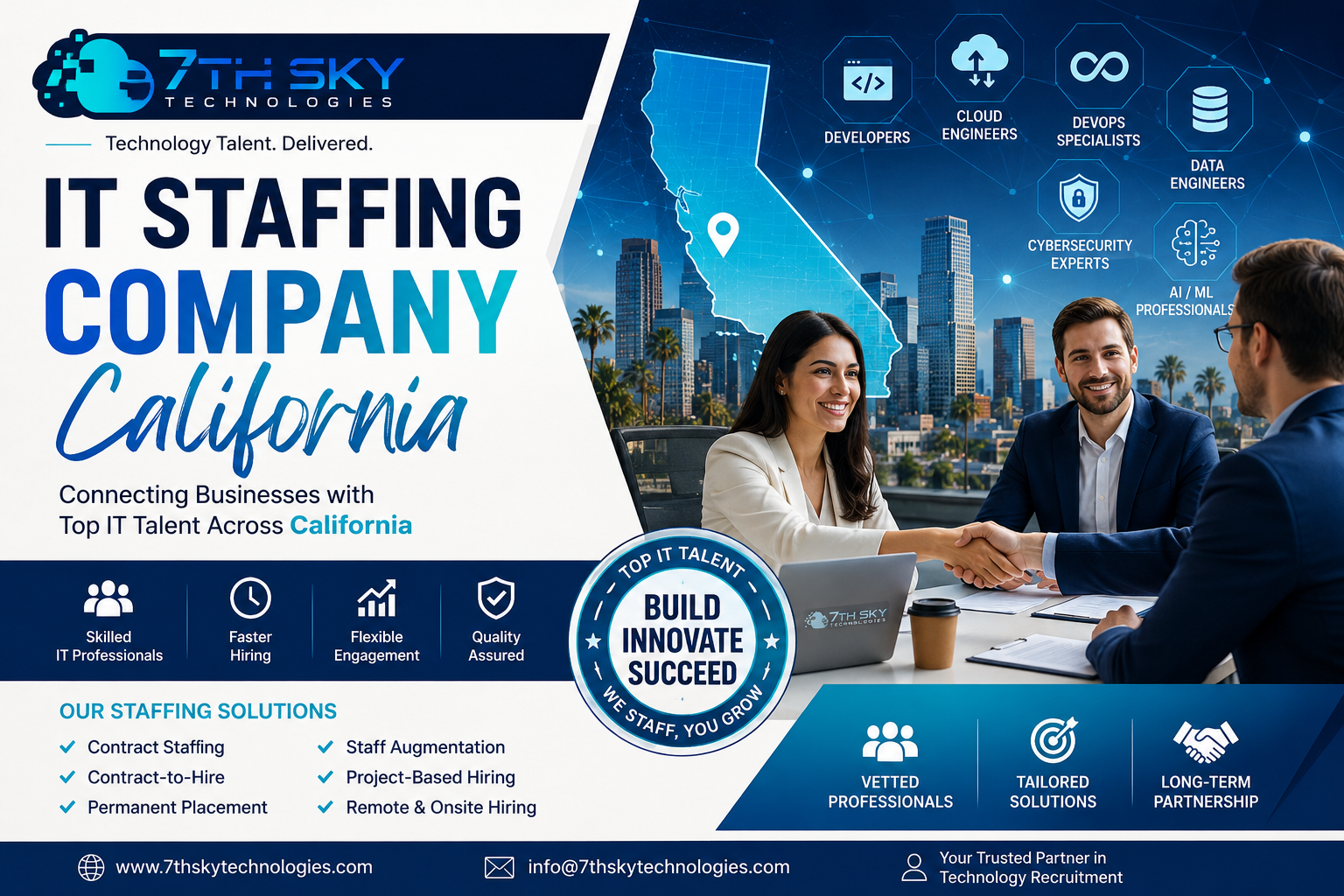 IT Staffing Company California providing skilled software developers, cloud engineers, DevOps specialists, AI professionals, cybersecurity experts, and IT recruitment solutions by 7th Sky Technologies.