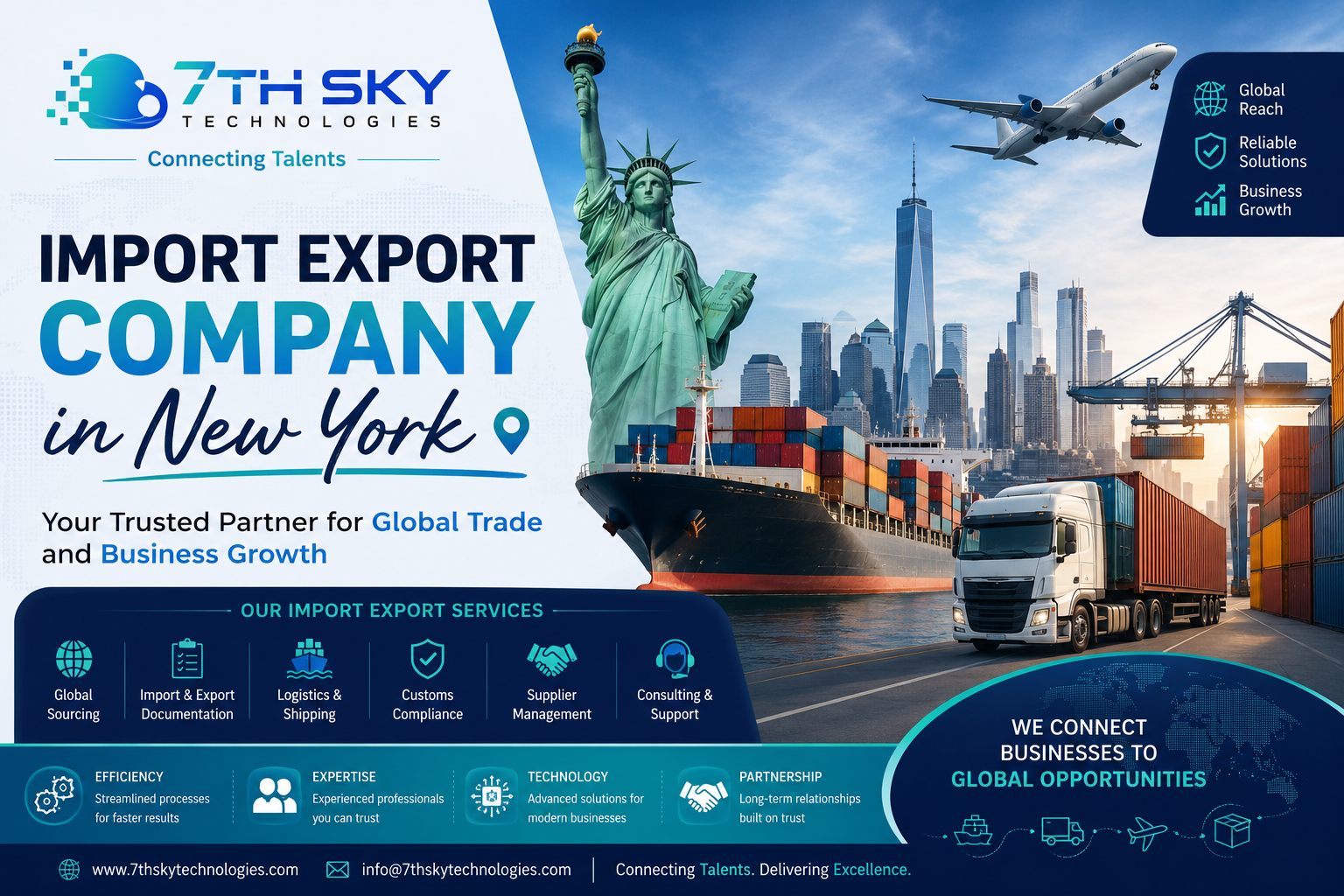 Import Export Company in New York providing international trade, global sourcing, export documentation, import logistics, worldwide shipping, and business expansion services by 7th Sky Technologies.